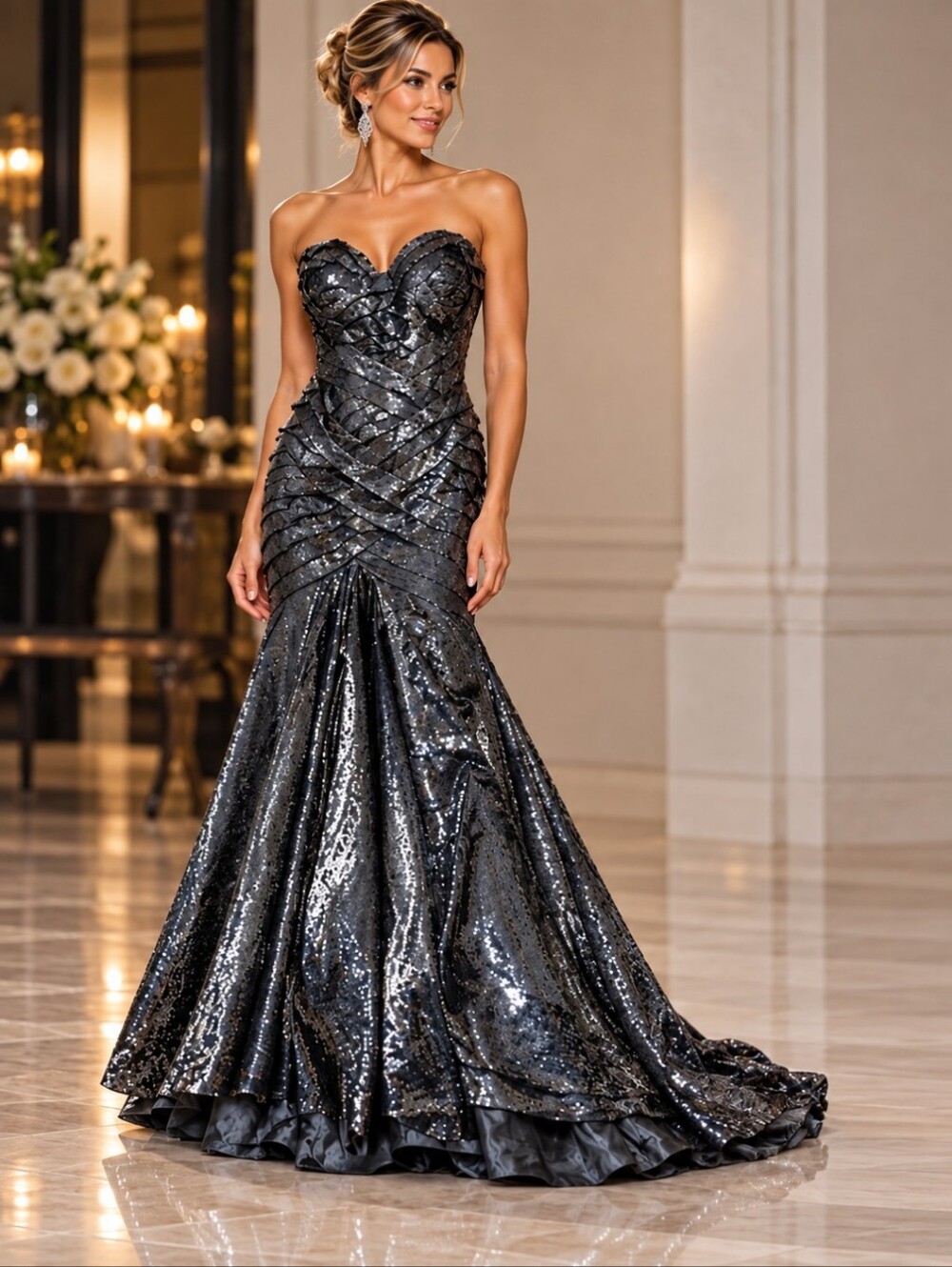 Vienna Black Sequin Strapless Mermaid Gown Sweated Pleated Bodice formal Sz 8